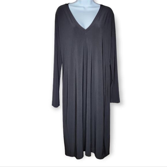 Norma Kamali Deep V Neck Shift Dress Black Long Sleeve Midi Length Size XL Women - Picture 2 of 9